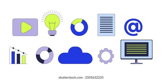 Product management 2D cartoon objects set. Corporate technology isolated flat vector elements white background. Analytics charts, development optimization color spot illustration collection