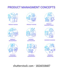 Product management blue gradient concept icons set. Marketing strategy. Sales plan for company. Business development idea thin line RGB color illustrations. Vector isolated outline drawings