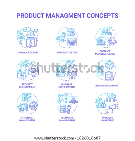 Product management blue gradient concept icons set. Marketing strategy. Sales plan for company. Business development idea thin line RGB color illustrations. Vector isolated outline drawings