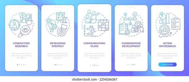 Product management blue gradient onboarding mobile app screen. Business walkthrough 5 steps graphic instructions with linear concepts. UI, UX, GUI template. Myriad Pro-Bold, Regular fonts used
