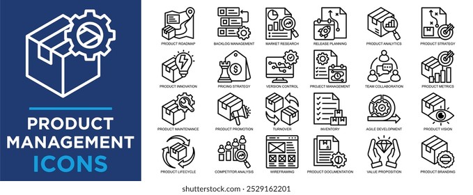 Gestión de productos, negocios, gestión, marketing, tecnología, conjunto de iconos de gerente. Colección de iconos de contorno. Ilustración vectorial simple