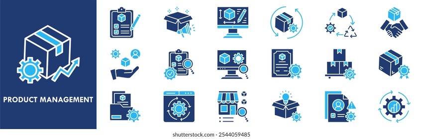 Conjunto de colecciones de iconos de administración de Productos. Diseño de negocios, marketing, gestión, producto, tecnología