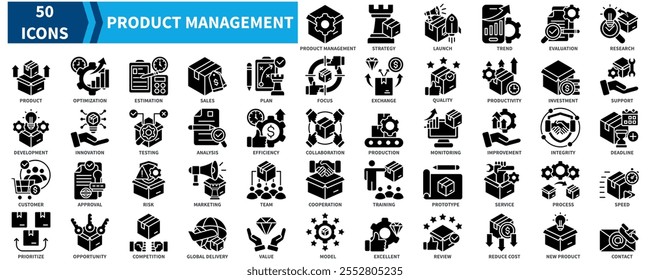 Product Management icon collection set. Containing strategy, launch, trend, evaluation, research, product, optimization, estimation, sales, production icon. Simple black fill vector.