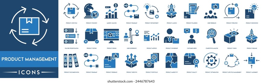 Icono de Administración de Productos. Ciclo de vida del Producto, Estrategia de Producto, Análisis de mercado, Hoja de ruta, Desarrollo de productos, Lanzamiento, Planificación, Comentarios del usuario, Innovación y priorización de funciones