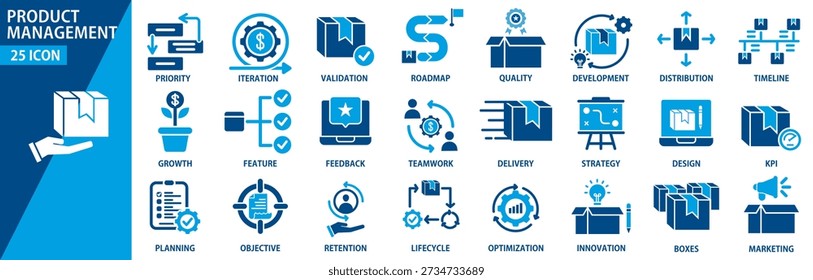 Conjunto de iconos de gestión de Productos con 25 iconos azules planos que incluyen planificación, estrategia, hoja de ruta, validación, desarrollo, marketing, crecimiento, optimización y conceptos de innovación para uso comercial y tecnológico.