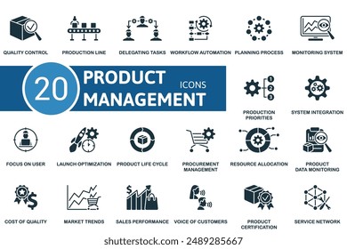 Conjunto de iconos de Administración de Productos. Control De Calidad, Línea De Producción, Delegación De Tareas, Automatización Del Flujo De Trabajo, Proceso De Planificación, Sistema De Supervisión, Prioridades De Producción, Integración Del Sistema, Enfoque En El Usuario