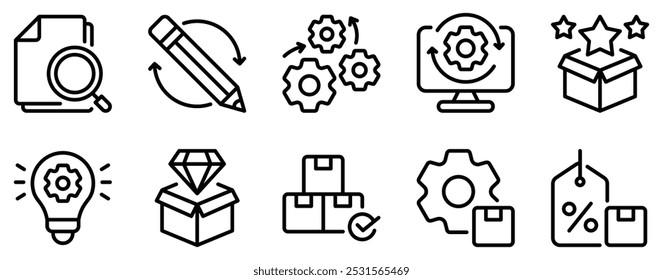 Gerenciamento de produtos Ícone definir coleção de estilo de linha estratégica para inovação e desenvolvimento