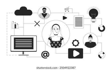 Product management marketing black and white 2D illustration concept. Customers communication. Product roadmap development outline scene isolated. E-commerce digital metaphor monochrome vector art