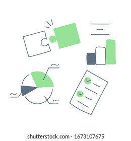 Product management and marketing icons, signs, set of tools, infographic elements. Connectable puzzle, pie chart, check list, bar chart. Flat line vector icon on white.