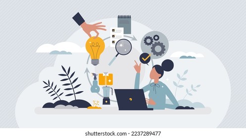 Product management occupation and work to increase profit tiny person concept. Sales job with efficient brand recognition, purchase processing tasks and performance development vector illustration