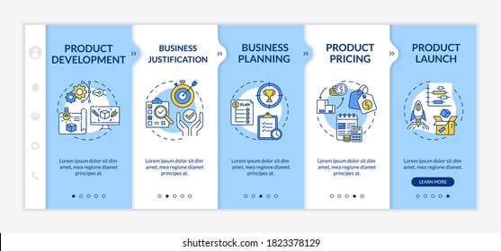 Product management onboarding vector template. Business planning. Marketing analysis. Merchandise launch. Responsive mobile website with icons. Webpage walkthrough step screens. RGB color concept