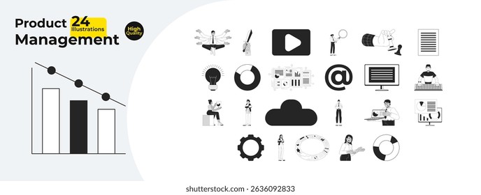 Ferramentas de gerenciamento de produtos e ilustrações de esboços de estratégia megabluto. Gráficos de negócios, diagramas, análises, tecnologia de nuvem imagens lineares 2D isoladas. Coleção de desenhos vetoriais em preto e branco