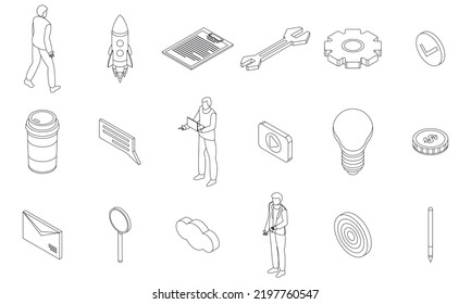 Product manager icons set. Isometric set of product manager vector icons outline thin lne isolated on white