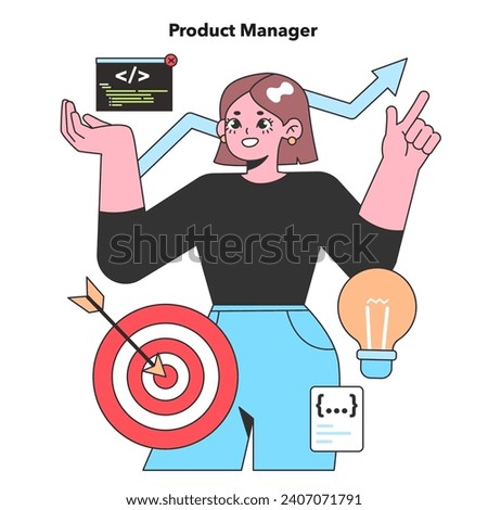 A Product Manager orchestrates the product life cycle with precision, symbolized by a target and upward trends, embodying strategic vision in tech development.