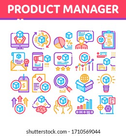 Symbol für die Arbeitssammlung des Product Manager Set Vektorillustration. Produktmanager Geschäftsideen und Preis, Website und Forschung, Checkliste und Analyse Konzept linearen Piktogrammen. Farbillustrationen