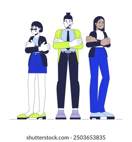 Product managers team cartoon flat illustration. Teamwork colleagues diversity at workplace 2D characters isolated on white background. Arms crossed employees confident scene vector color image