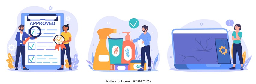 Product manufacturing abstract concept. Product quality and safety control, defective product testing, customer feedback. People check their purchases. Cartoon flat vector set on a white background