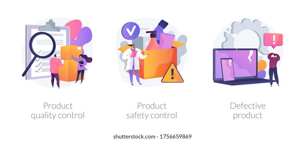 Product manufacturing abstract concept vector illustration set. Product quality and safety control, defective product testing, customer feedback, inspection, warranty certificate abstract metaphor.