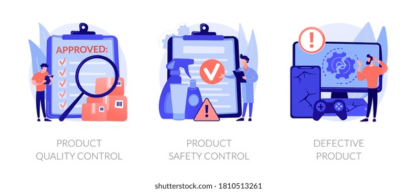 Product manufacturing abstract concept vector illustration set. Product quality and safety control, defective product testing, customer feedback, inspection, warranty certificate abstract metaphor.