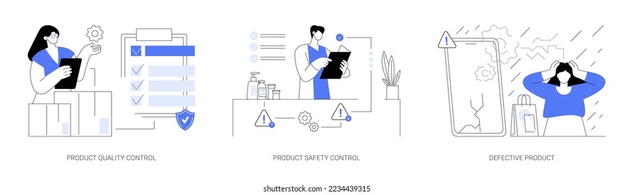 Conjunto de ilustraciones vectoriales de concepto abstracto de fabricación de productos. Calidad de producto y control de seguridad, pruebas de productos defectuosos, comentarios del cliente, inspección, metáfora abstracta de certificado de garantía.