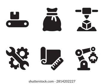 Product Manufacturing and Design Icon Set with Robotic Arm and 3D Printer—Ideal for Product Lifecycle and Circular Economy Design