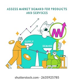 Product marketing analysis with a focus on demand and supply dynamics. The illustration features a cat guiding the evaluation process, emphasizing balanced market insights. Vector illustration.