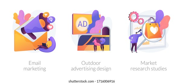 Product marketing campaign abstract concept vector illustration set. Email marketing, outdoor advertising design, market research study, customer need, brand management, focus group abstract metaphor.