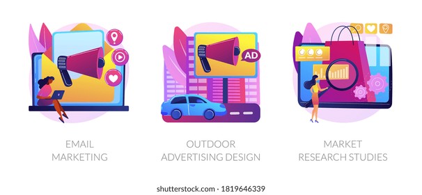 Product marketing campaign abstract concept vector illustration set. Email marketing, outdoor advertising design, market research study, customer need, brand management, focus group abstract metaphor.