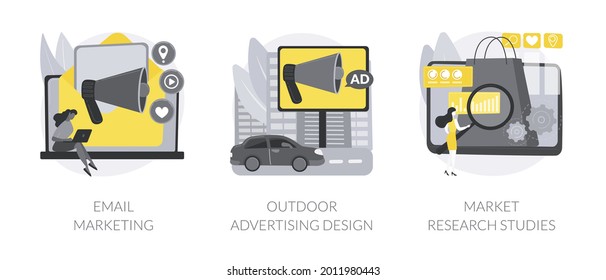 Product marketing campaign abstract concept vector illustration set. Email marketing, outdoor advertising design, market research study, customer need, brand management, focus group abstract metaphor.