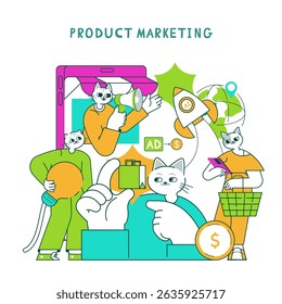 Product marketing concept featuring cats engaged in various advertising activities. It illustrates interactions around marketing strategies, products, and consumer engagement in a playful manner