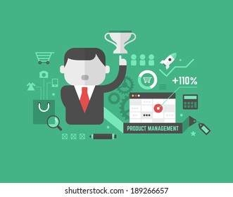 Product marketing concept in modern flat design style with graphs, icons and business related elements isolated on colored stylish background