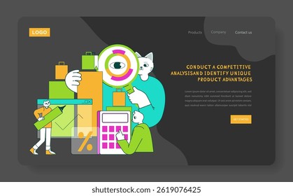 Product marketing illustration featuring a cat participating in a competitive analysis process. It highlights product advantages and includes elements like charts and calculations to convey insight