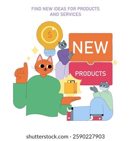 Product marketing illustration showcasing the creative process for generating new ideas. It highlights innovative thinking and collaboration, with characters engaging with product concepts and visuals