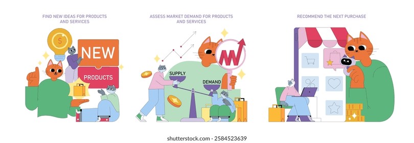 Product marketing phases illustrated through engaging scenes indicating the process to find product ideas, assess market demand, and recommend future purchases. Designed for marketers and businesses.