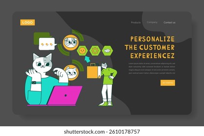 Product marketing representation with a cat character focusing on customer experience personalization. This concept emphasizes engagement, satisfaction, and innovative communication techniques. Vector