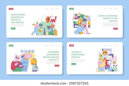 Product marketing strategies for assessing market demand, setting pricing, and developing promotions. Visual representation of analysis and customization for effective business growth. Vector