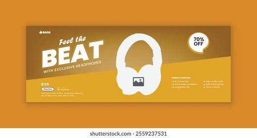 Product marketing web cover or online banner design and  headphone sale social media cover template