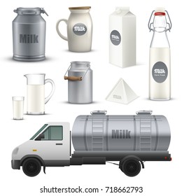 Product milk in metallic, glass and cardboard container realistic set including truck with tank isolated vector illustration 