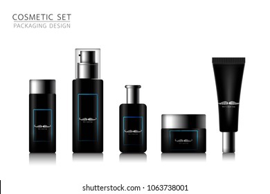 Product mock up design. Shower gel,cleansing foam and cream for men. Black color on white background vector illustration EPS 10.