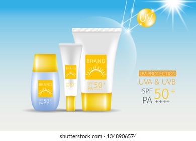 
Product mock up design. Sunscreen cream SPF 50. White and orange color on blue background vector illustration EPS 10.
