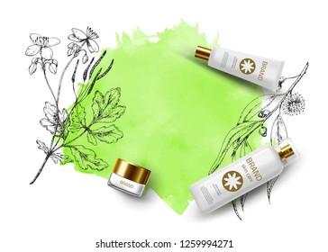 Product Mockup and sketch medicinal herbs celandine, eucalyptus. Green watercolor vector background. Сosmetic bottles. 3d realistic illustration. White tube, spray and jar of cream. Skin care product.
