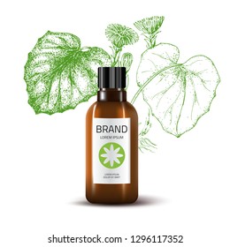 Product Mockup and sketch medicinal herbs. Coltsfoot. Green vector background. Сosmetic pharmacy bottle. 3d realistic illustration. Health care product.