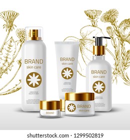 Product Mockup and sketch medicinal herbs: dandelion, coltsfoot. Vector floral background. Сosmetic bottles. 3d realistic illustration. White tube, spray and jar of cream. Skin care natural product. 