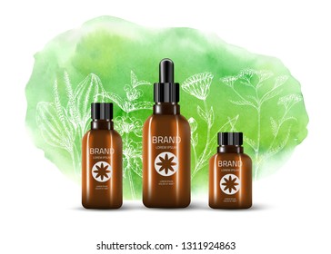 Product Mockup and sketch medicinal herbs: yarrow, calendula, plantain, nettle. Green watercolor vector background. Сosmetic pharmacy bottle. 3d realistic illustration. Health care product.