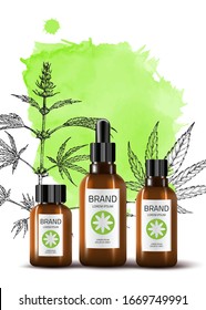 Product Mockup and sketch medicinal herbs: cannabis, hemp. Green watercolor vector background. Сosmetic pharmacy bottle. 3d realistic illustration. Health care product.