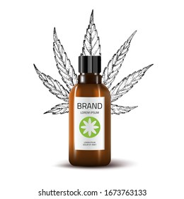 Product Mockup and sketch medicinal herbs: cannabis, hemp. Vector background. Сosmetic pharmacy bottle. 3d realistic illustration. Health care product.