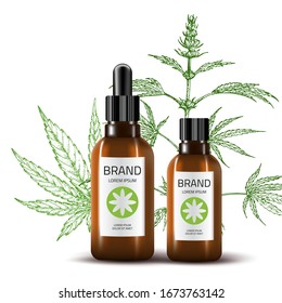 Product Mockup and sketch medicinal herbs: cannabis, hemp. Vector background. Сosmetic pharmacy bottle. 3d realistic illustration. Health care product.