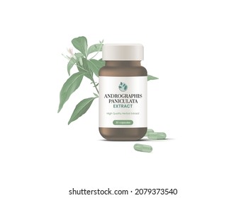 Product mockup template design, Andrographis paniculata plant with brown glass bottle and capsules