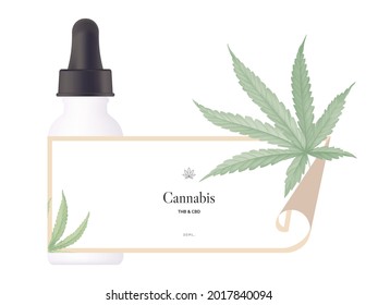 Diseño de plantillas de simulación de producto, botella de cuentagotas con etiqueta blanca decorada con hojas de cannabis