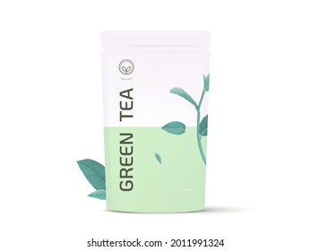 Product mockup template design, green tea bag decorated with green tea leaves
